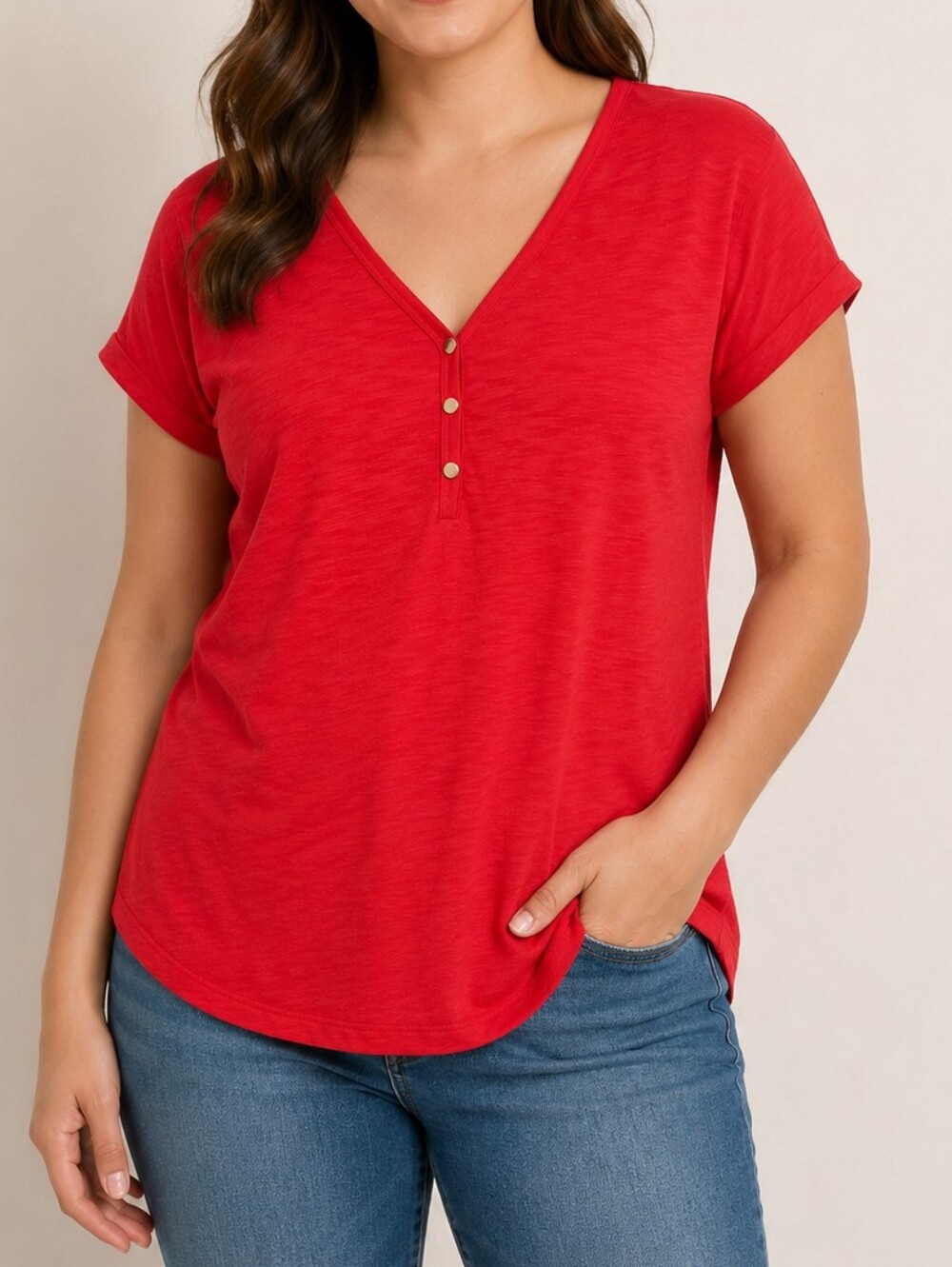 Women’s Red V-Neck Button Detail Tee